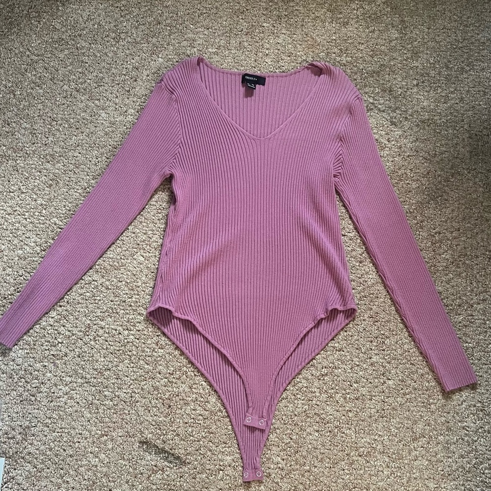 Purple Ribbed V-Neck Bodysuit